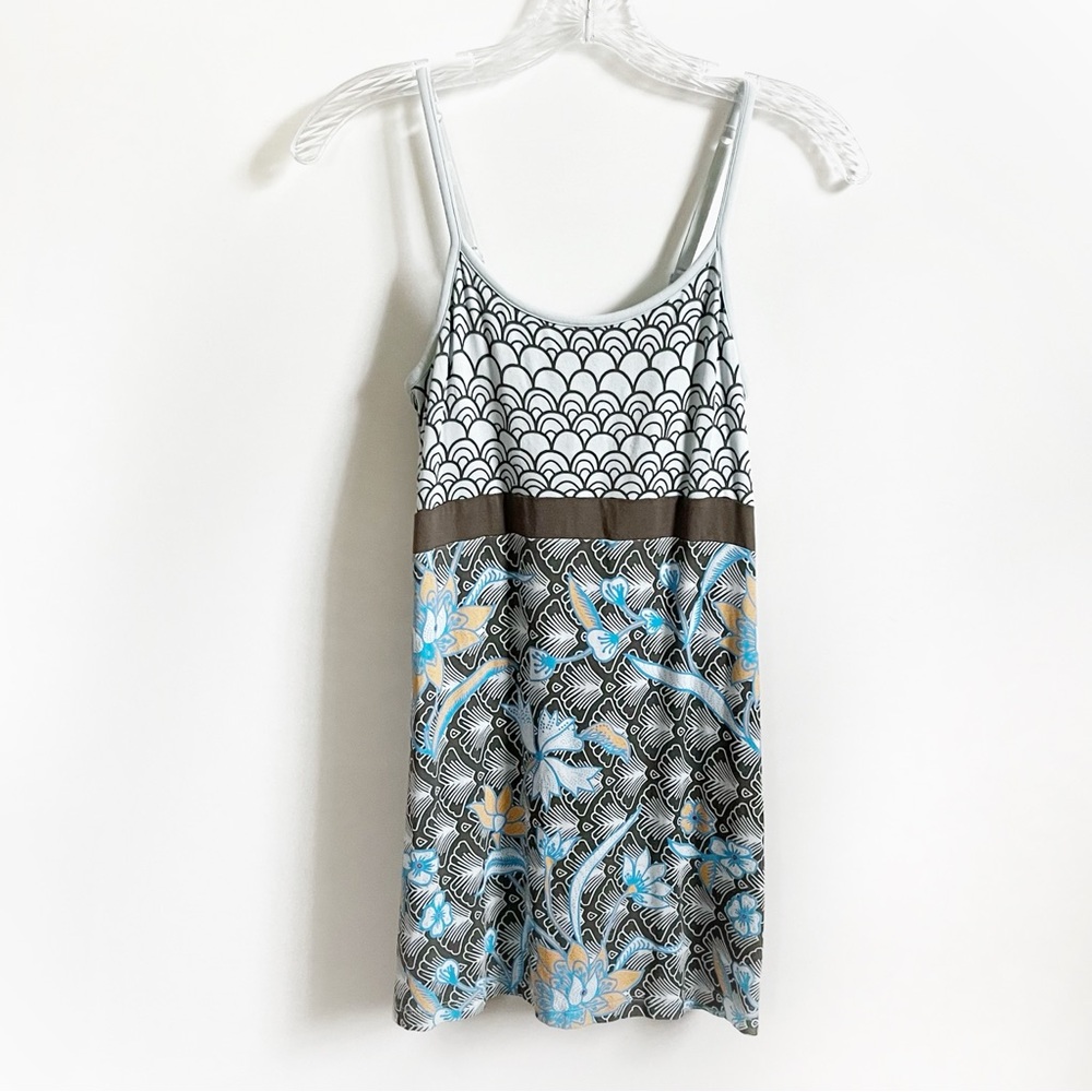 Athleta tank top blue brown mixed media floral sleeveless adjustable shelf bra